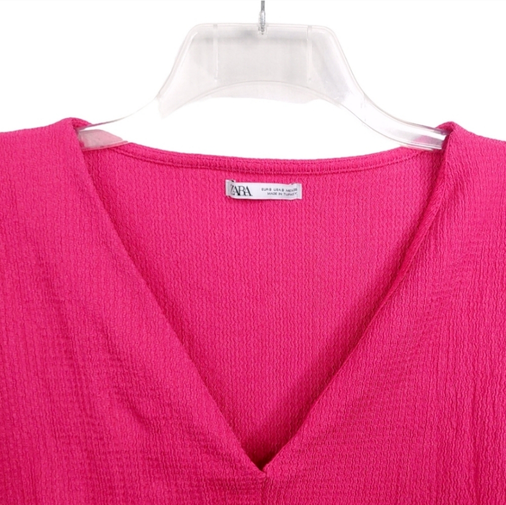 Zara Pink Short Sleeve Drawstring V Neck Relaxed Crop Top Women's Size Small S - Picture 5 of 11
